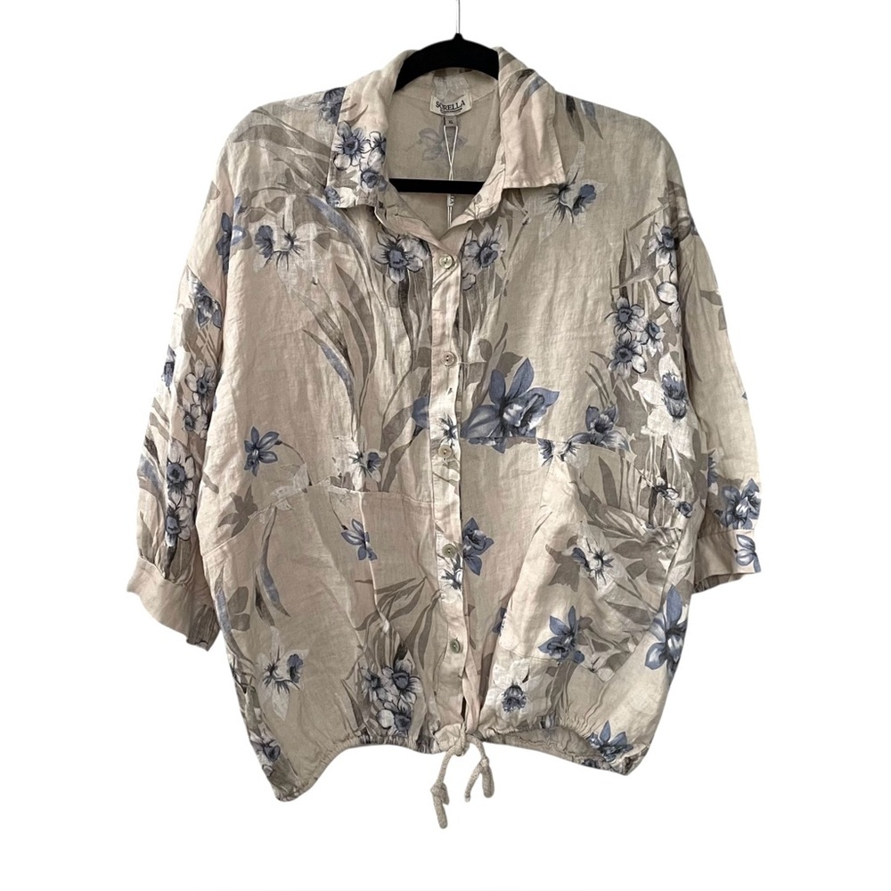 SORELLA Italy Linen Summer Button Front Blouse Floral Print Beige Blue XL